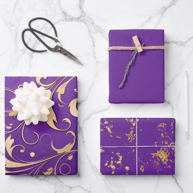 Luxuriöse Royal Lila und Gold Damask Gemustert Geschenkpapier Set (Vorderseite)