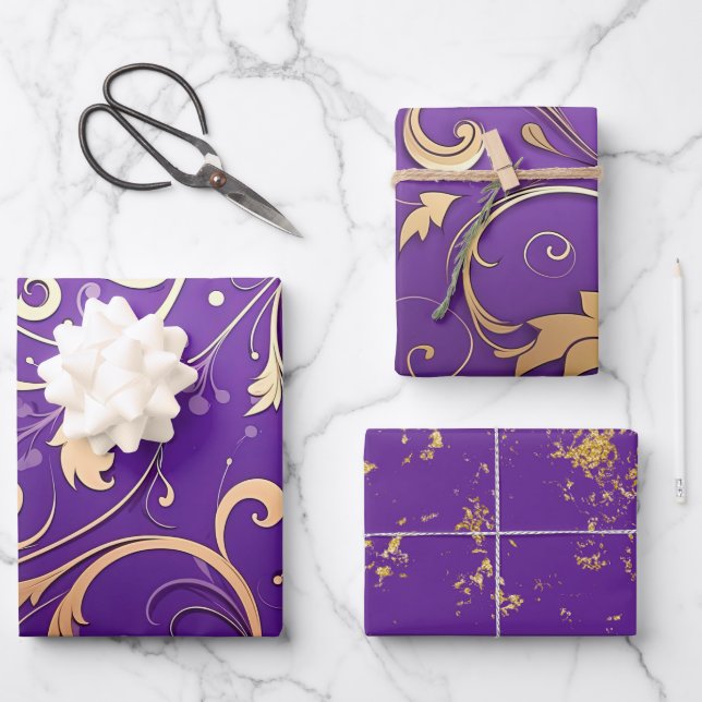 Luxuriöse Royal Lila und Gold Damask Gemustert Geschenkpapier Set (Vorderseite)