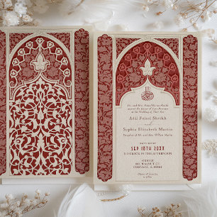 Luxuriöse Ruby Cream Spitze Islamische Hochzeit Einladung
