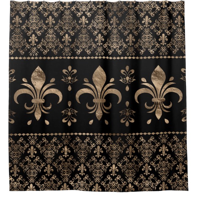 Luxuriöse Schwarz-Gold-Fleur-de-lis-Ornament Duschvorhang (Vorderseite)