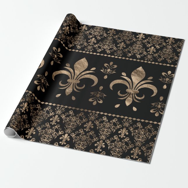 Luxuriöse Schwarz-Gold-Fleur-de-lis-Ornament Geschenkpapier (Ungerollt)