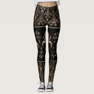 Luxuriöse Schwarz-Gold-Fleur-de-lis-Ornament Leggings