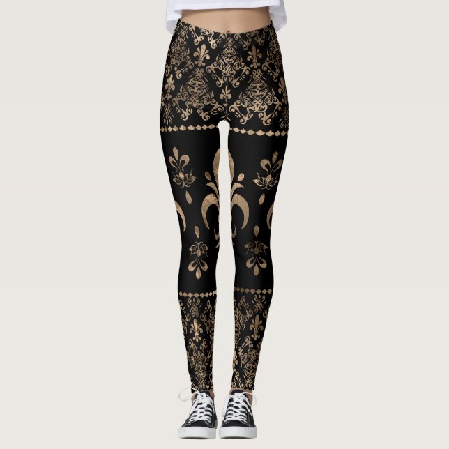 Luxuriöse Schwarz-Gold-Fleur-de-lis-Ornament Leggings (Vorderseite)