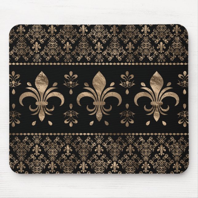 Luxuriöse Schwarz-Gold Fleur-de-lis-Ornament Mousepad (Vorne)