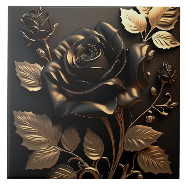 Luxuriöse Schwarz-Gold-Rose Keramik Tile Fliese (Vorderseite)