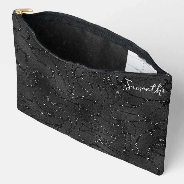 Luxuriöse Schwarz-Weiß-Glitzern-Muster Zubehörtasche (Offen)