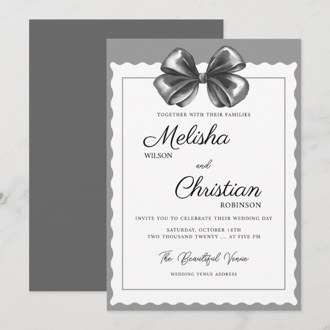 Luxuriöse schwarze Bogen-Hochzeitseinladung. Einladung (Vorne/Hinten)