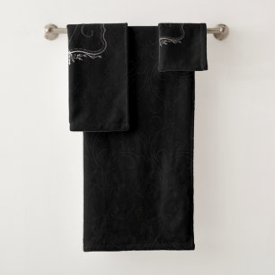 Luxuriöse schwarze Damaske mit Vintagem silbernen  Badhandtuch Set