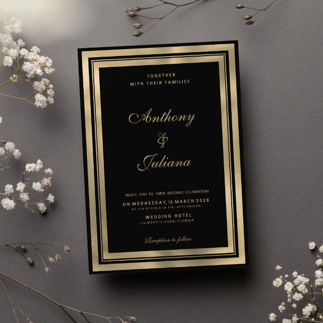 Luxuriöse schwarze goldene geometrische Rahmen ele Einladung (Luxury black gold geometric frame elegant Wedding )
