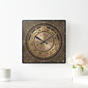Luxuriöse schwarze Marmor- und Gold-Verzierungswan Quadratische Wanduhr