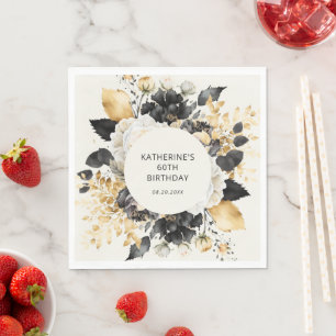 Luxuriöse schwarze und goldene Blumen-Geburtstagss Serviette