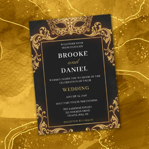 Luxuriöse schwarze und goldene Maskenhochzeit Einladung