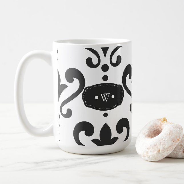 Luxuriöse schwarze und weiße Damaskus Kaffeetasse (Mit Donut)