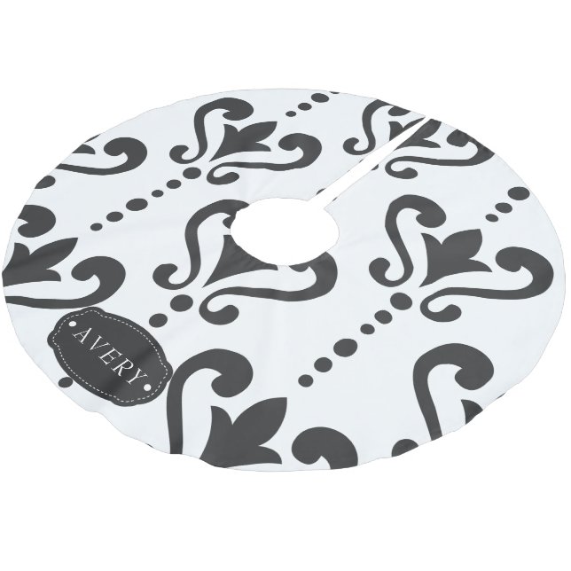 Luxuriöse schwarze und weiße Damaskus Polyester Weihnachtsbaumdecke (Schrägansicht)