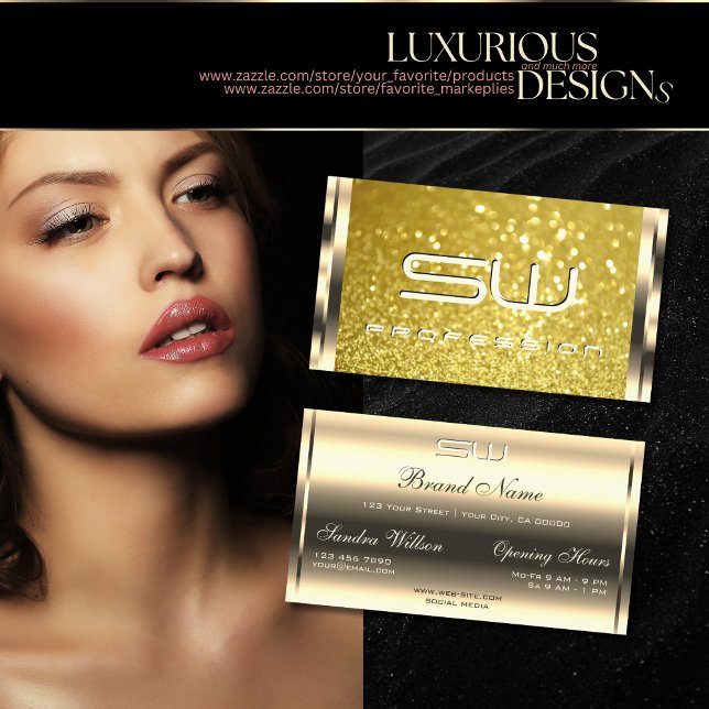 Luxuriöse Shimmery Golden Yellow Glitzer Initials Visitenkarte (Von Creator hochgeladen)
