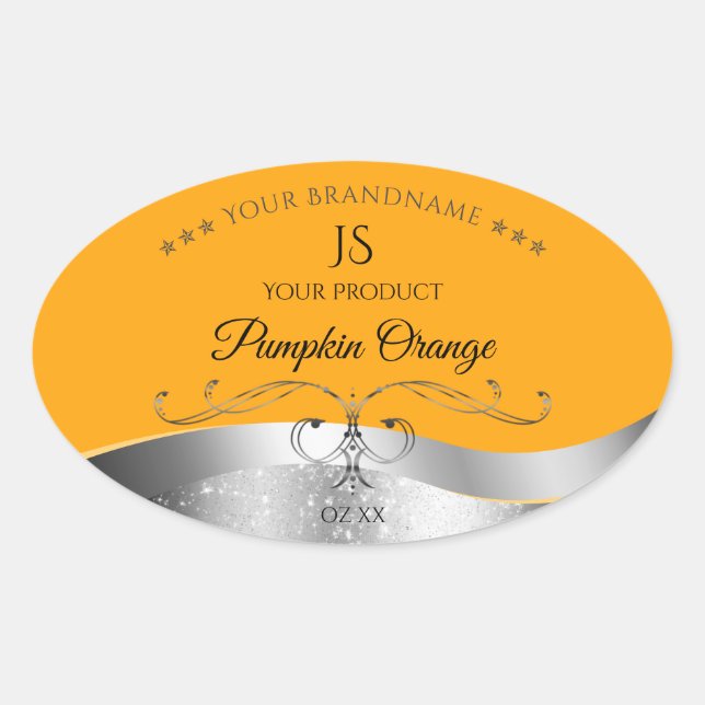 Luxuriöse Silber-Dekor Orange Monogram Label Ovaler Aufkleber (Vorderseite)
