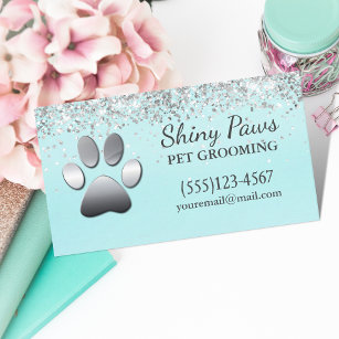 Luxuriöse Silber Glitzer Dog Paw Pet Grooming Visitenkarte