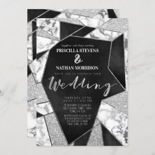 Luxuriöse Silver Black Glitzer Geo Marble Wedding Einladung
