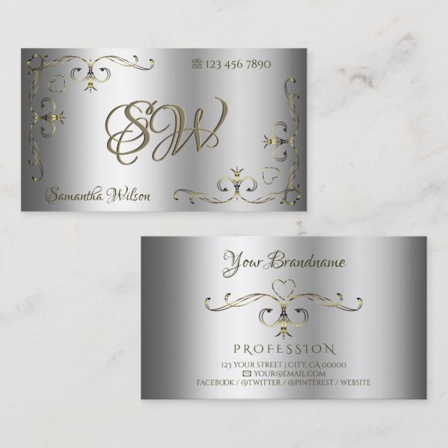 Luxuriöse Silver Gold Verziert Corners Initials El Visitenkarte (Vorne/Hinten)