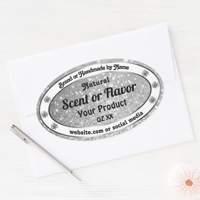 Luxuriöse Silver Sparkling Glitzer Product Labels Ovaler Aufkleber (Umschlag)