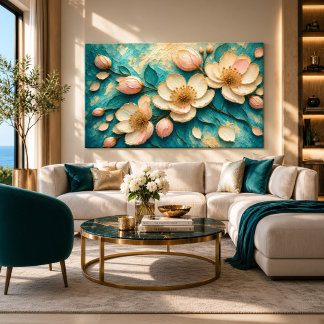 Luxuriöse Teal-Blumen-Impasto-Goldakzente Leinwanddruck