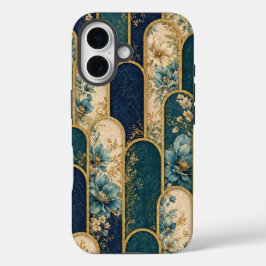 Luxuriöse Teal- und Gold-Blumenmuster-iPhone-Hülle iPhone 16 Hülle