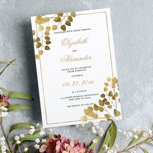 Luxuriöse, traditionelle, weiße Eukalyptus-Hochzei Einladung (Luxury traditional white gold eucalyptus wedding invitation )