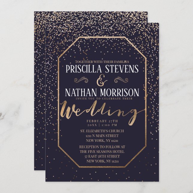 Luxuriöse trendy Gold Confetti Navy Blue Wedding Einladung (Vorne/Hinten)