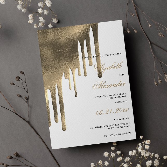 Luxuriöse Tropfen mit Goldmedaille Hochzeitstil Einladung (Luxury white gold gradient drips wedding theme Invitation)