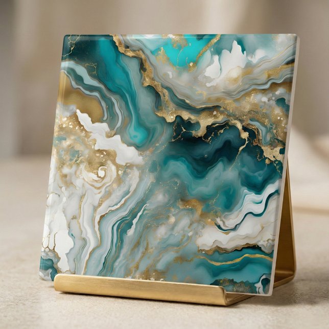 Luxuriöse Türkis- und Gold-Achat-Marmor-Fluid-Art Fliese (Von Creator hochgeladen)