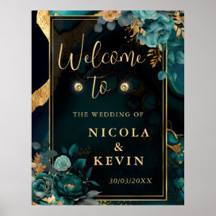 Luxuriöse Türkis- und Gold-Blumen-Achat-Hochzeitsb Poster