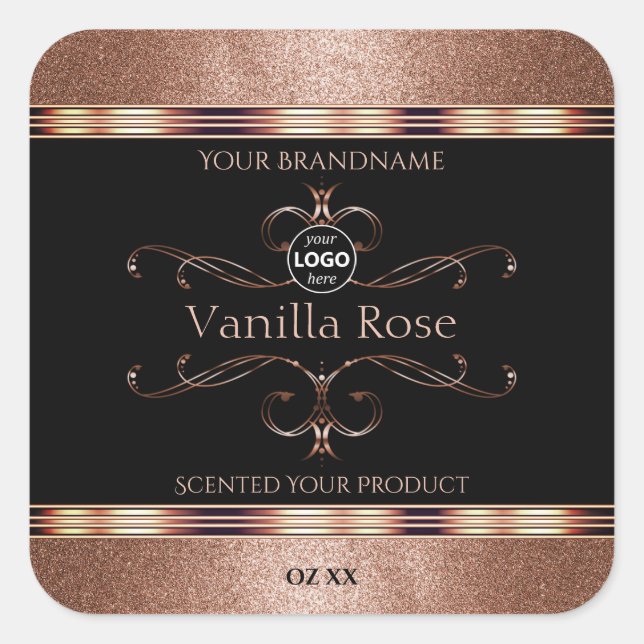 Luxuriöse Verzierte Rosegold Black Product Labels  Quadratischer Aufkleber (Vorderseite)