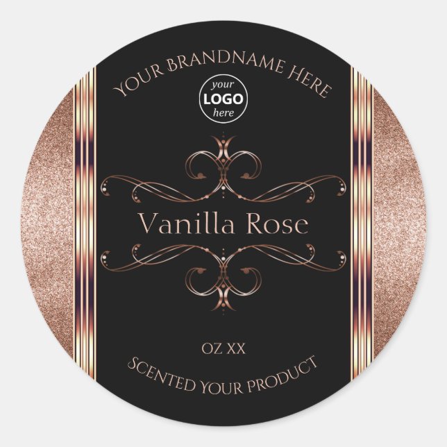 Luxuriöse Verzierte Rosegold Black Product Labels  Runder Aufkleber (Vorderseite)