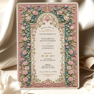 Luxuriöse viktorianische Hochzeit Rosa Rosen & Gol Einladung