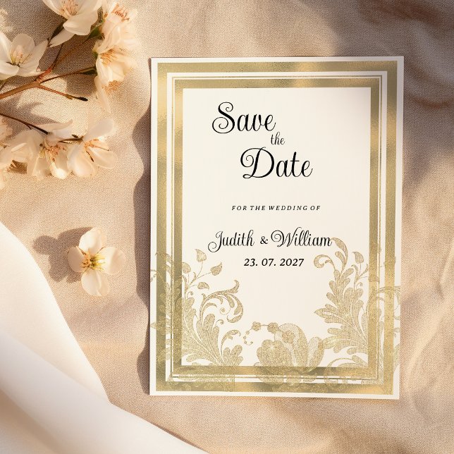 Luxuriöse Vintage Goldblüte Save the Date Einladung (Luxury vintage white gold floral Save the Date )