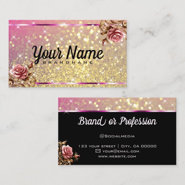 Luxuriöse Vintage Rose Glitzer Luminous Stars Chic Visitenkarte (Vorne/Hinten)