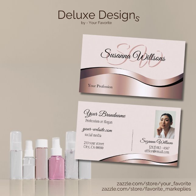 Luxuriöse Wave Rose Gold Decor Initialen und Foto Visitenkarte (Von Creator hochgeladen)