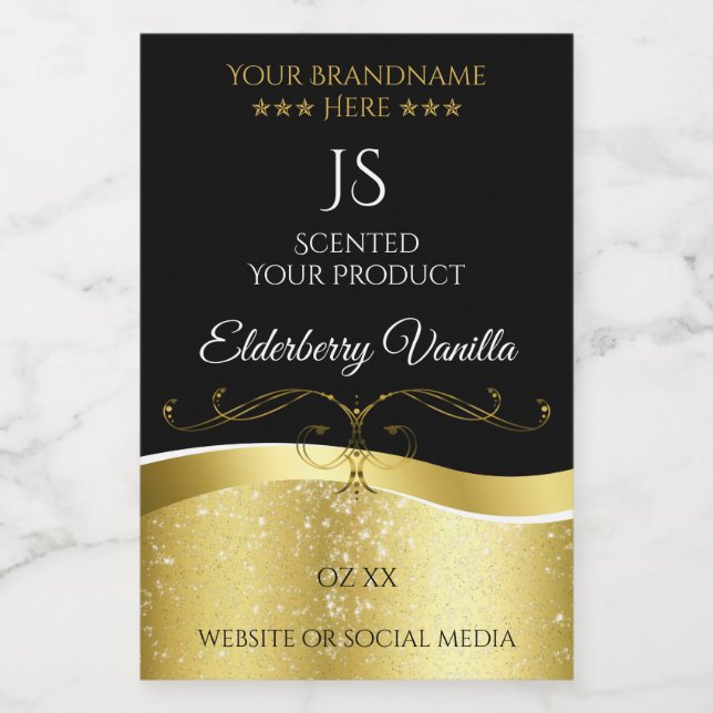 Luxuriöse Wavy Gold Dekoration dunkles Schwarz Mon Lebensmitteletikett (Einzelnes Label)
