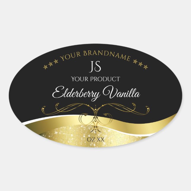 Luxuriöse Wavy Gold Dekoration dunkles Schwarz Mon Ovaler Aufkleber (Vorderseite)