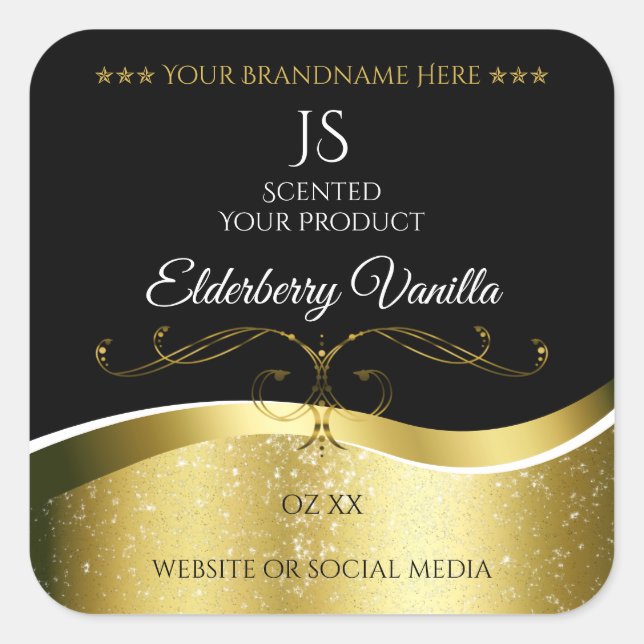 Luxuriöse Wavy Gold Dekoration dunkles Schwarz Mon Quadratischer Aufkleber (Vorderseite)