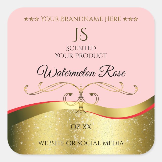Luxuriöse Wavy Gold Dekoration Light Red Monogram  Quadratischer Aufkleber (Vorderseite)