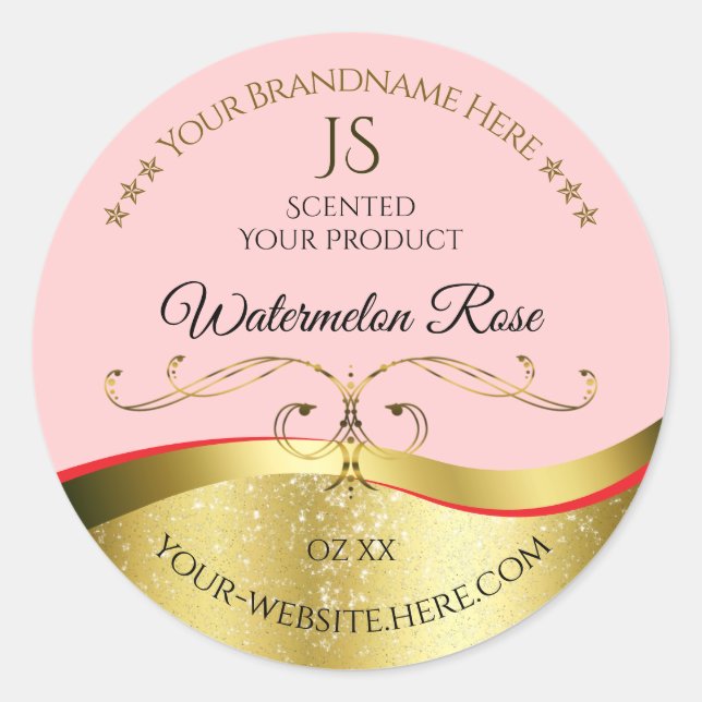 Luxuriöse Wavy Gold Dekoration Light Red Monogram  Runder Aufkleber (Vorderseite)