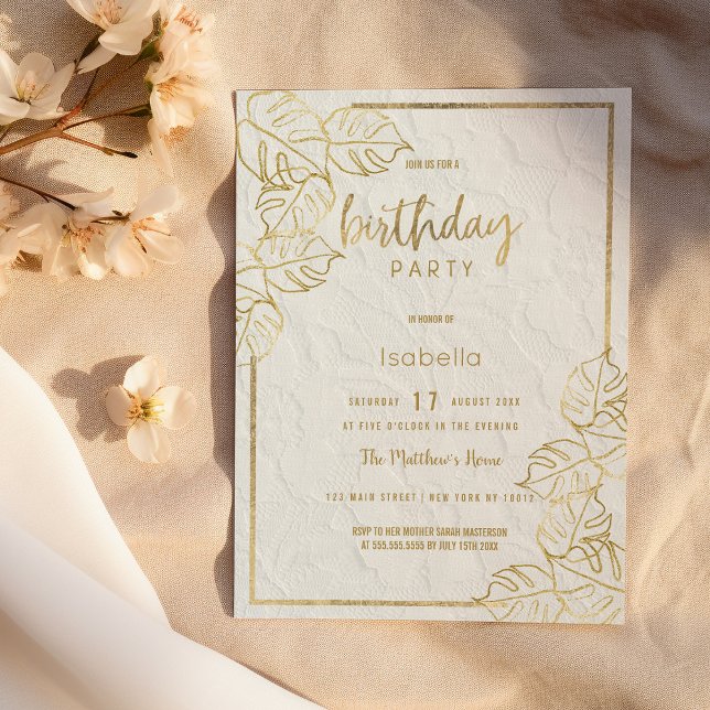 Luxuriöse weiße goldene französische Blumenspitze  Einladung (Luxury white gold french floral lace Birthday Invitation)