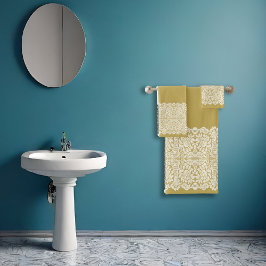 LUXURIÖSE, WEISSE Spitze auf GOLD Bath Handtuch Se Badhandtuch Set