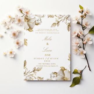 Luxuriöse weiße und goldene florale Hochzeit Einladung