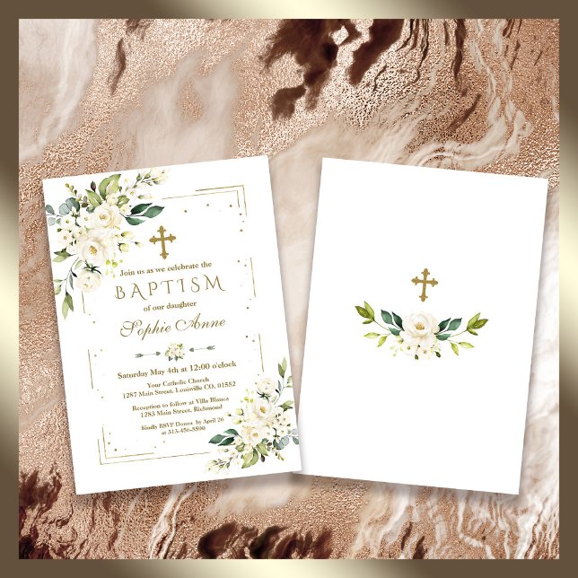 Luxuriöse White Blume Gold Glitzer Frame Taufe Einladung (elegant trendy baptism white floral invitation)