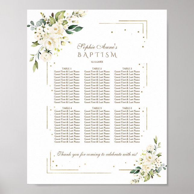 Luxuriöse White Blume Gold Taufe Seating Chart Poster (Vorne)