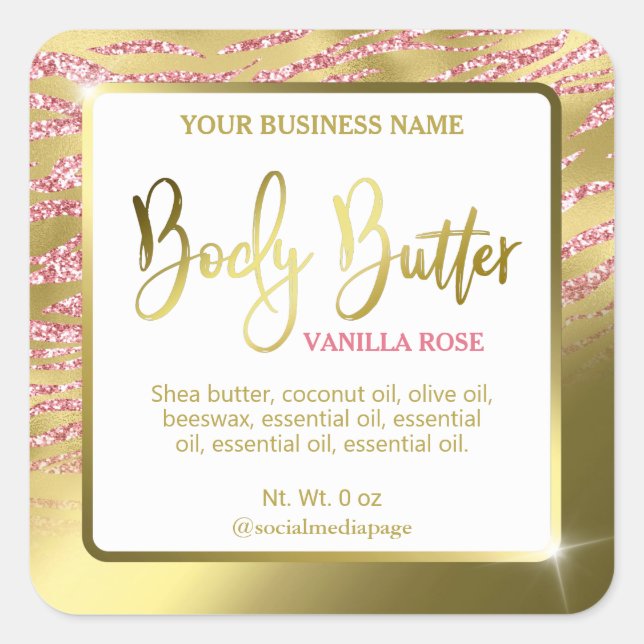 Luxuriöse White Gold Zebra Print Body Butter Label Quadratischer Aufkleber (Vorderseite)