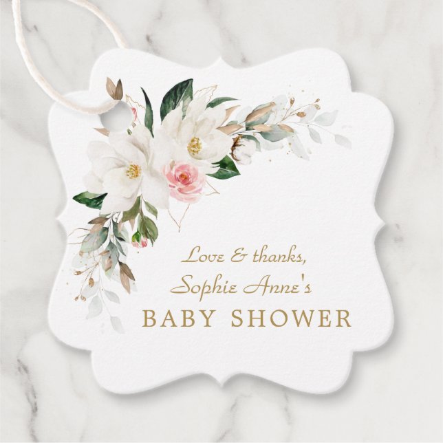 Luxuriöse White Magnolia Pink Floral Baby Dusche Geschenkanhänger (Vorderseite)