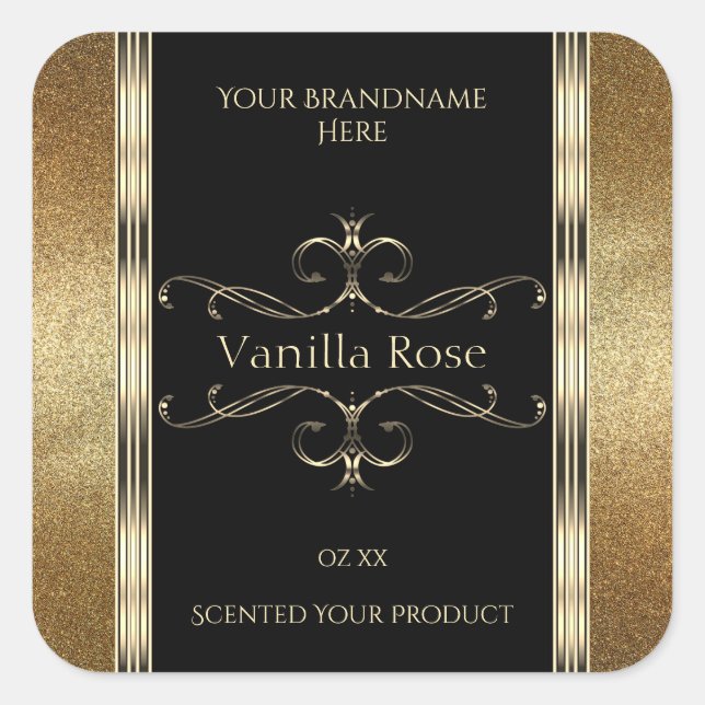 Luxuriöse Ziergoldmarke Glitzer Black Product Labe Quadratischer Aufkleber (Vorderseite)